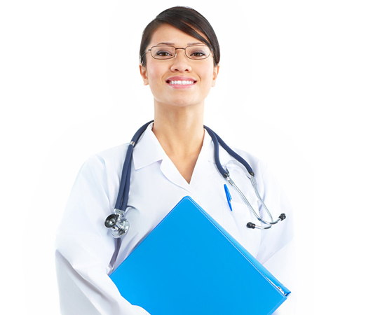 Banner picture of a smiling female Physician holding a binder and wearing a stethoscope around her neck.