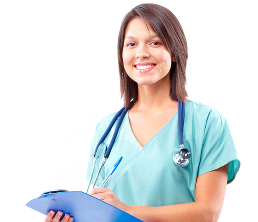 Banner picture of a female nurse holding a clipboard and smiling.