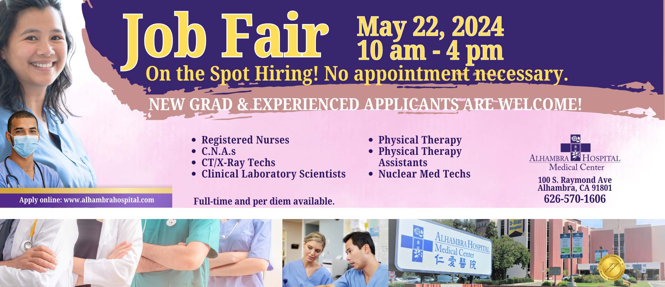 Banner of a job fair to hire for rn, cna, physical therapist and other jobs