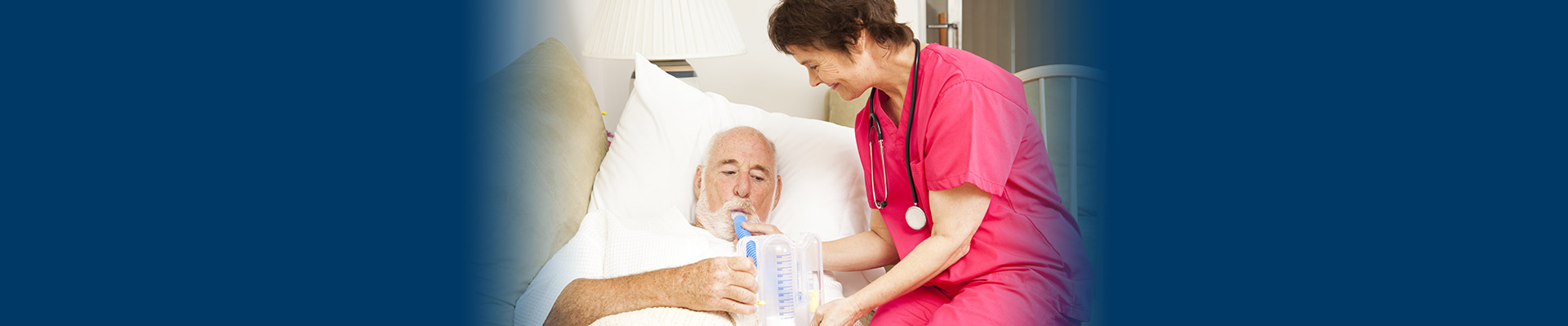 Banner picture of a male patient lying down on a couch doing Respiratory Therapy. A female Respiratory Therapist is holding a tube up to his mouth as he blows into a Incentive Spirometer,

Respiratory Therapy