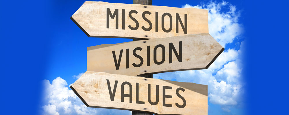 Banner picture of three arrows that are pointing in different directions that says:
MISSION
VISION
VALUES