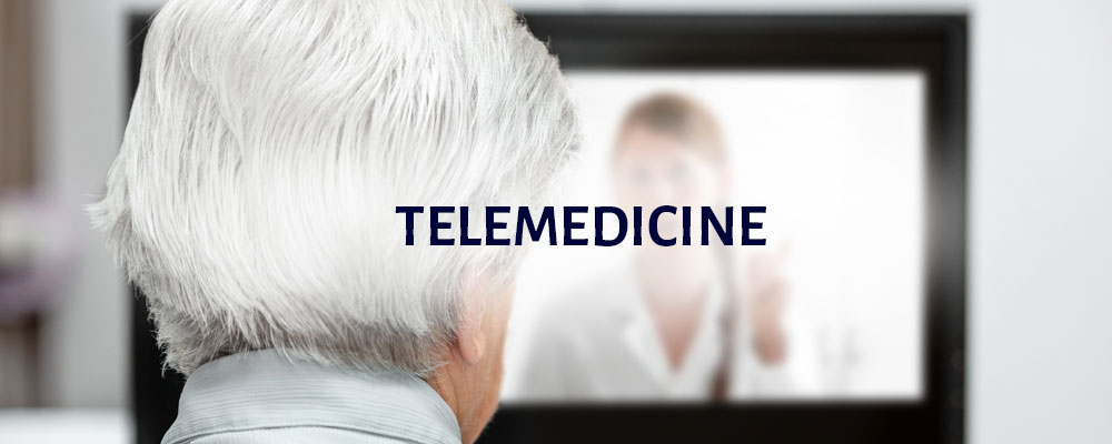 Banner picture of the back of an elderly person's head.They are talking to a female Physician on a screen. Banner says:
TELEMEDICINE