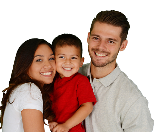 Banner picture of a young couple with their little boy in between them. They are all smiling.