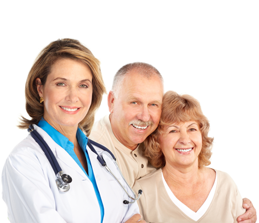 Banner picture of a female Physician standing next to an older couple. They are all smiling.