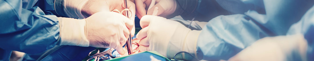 Banner picture of a surgeon team (two surgeons) about to perform surgery on a patient. They are wearing gloves and medical covers over their scrubs and holding Medical Instruments.