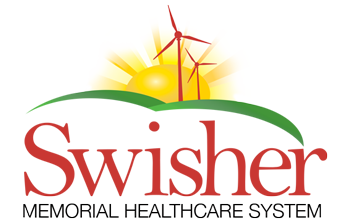Swisher Memorial Healthcare System  Logo of a sunrise and two large wind mills in front of it graphic design.
