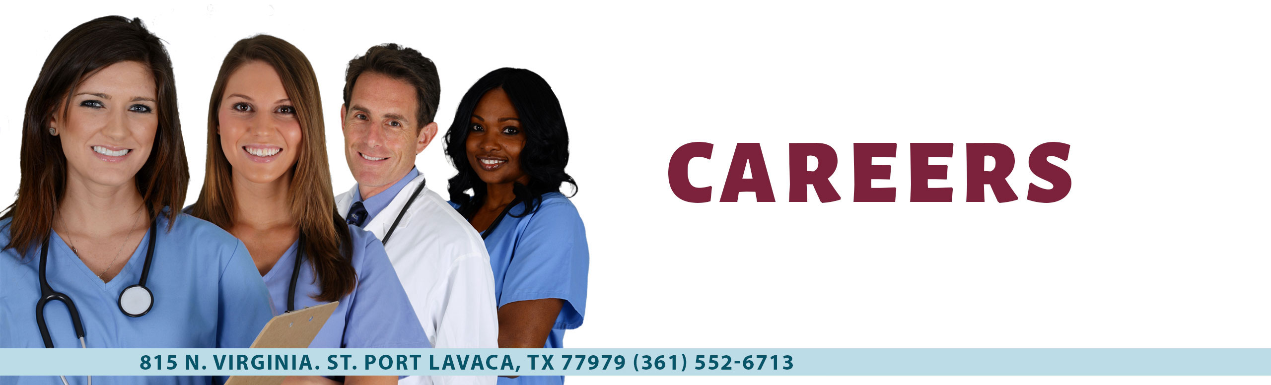 Banner picture of a male Physician and 3 female Nurses
Careers

1016 N, VIRGINIA ST. PORT LAVACA, TX 77979 (361) 552