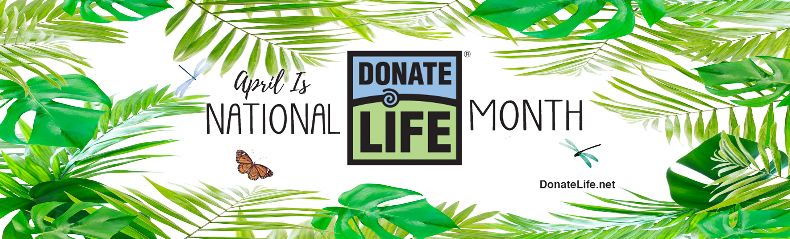 Banner picture of leafs from plants, two dragonflies, and one butterfly. Banner says:
April is National Donate Life Month.