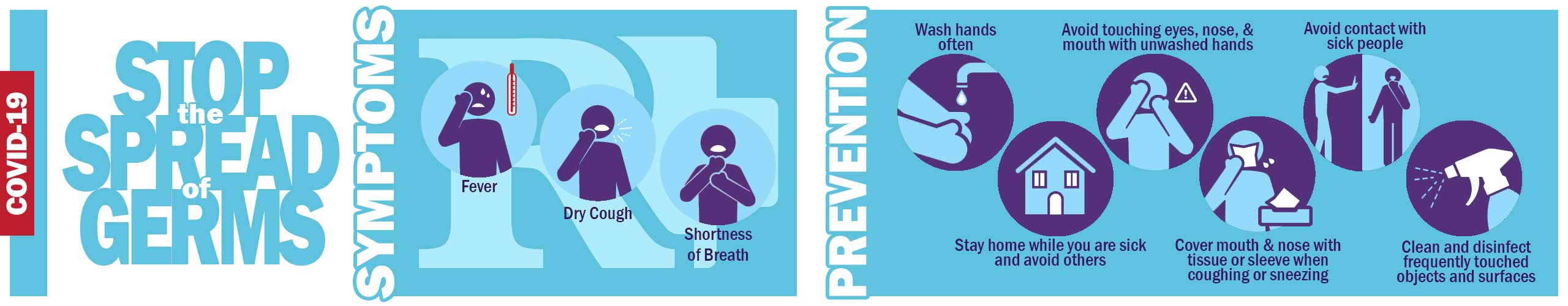 Banner picture of icon figures of symptoms and prevention, Banner says: STOP THE SPREAD OF GERMS

SYMPTOMS
-Fever
-Dry Cough
-Shortness of Breath

PREVENTION
-Wash hands often
-Stay home while you are sick and avoid others
-Avoiding touching eyes, nose, & mouth with unwashed hands
-Cover mouth & nose with tissue or sleeve when coughing or sneezing
-Avoid contact with sick people
-Clean and disinfect frequently touched objects and surfaces