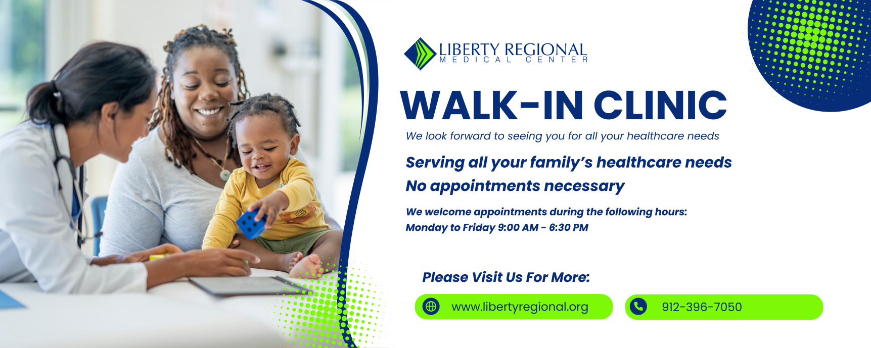 Walk-in Clinics at Liberty Regional Medical Center. Appointments accepted from 9 AM to 6:30 PM, Monday through Friday. We love forward to see you for your healthcare needs!