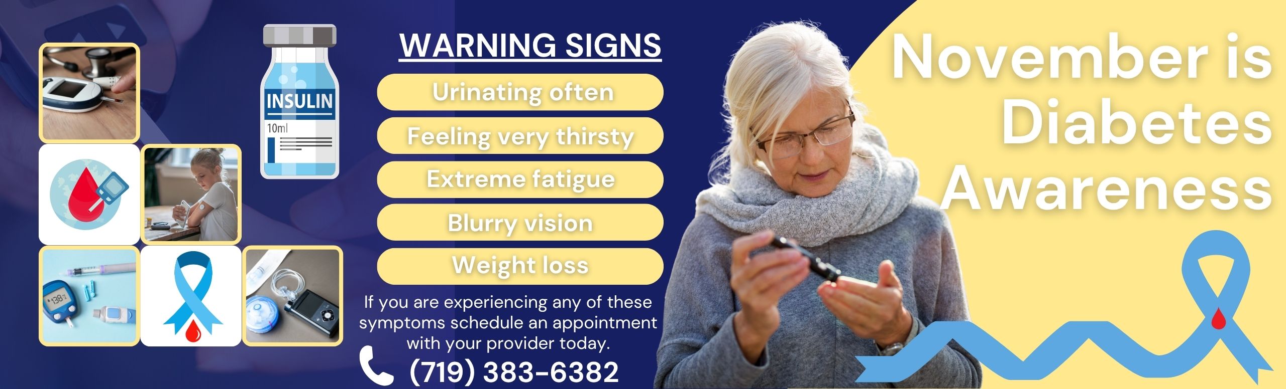 Banner picture of a person pricking their finger. Banner that says:
November is Diabetes Awareness Month