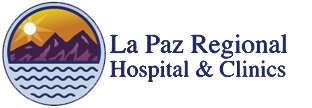 La Paz Regional Hospital and Clinics beside a circular logo with purple mountains, water, and the sun