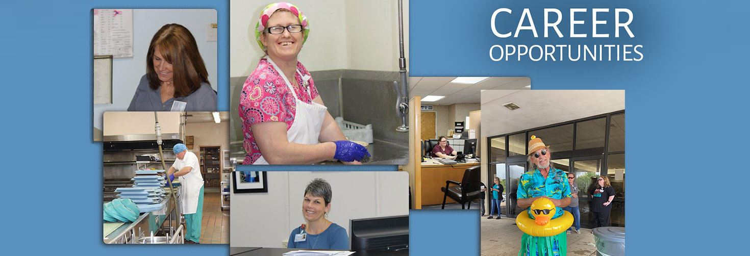 Banner picture of smiling female staff members fulfilling various tasks, Banner says:
CAREER OPPORTUNITIES