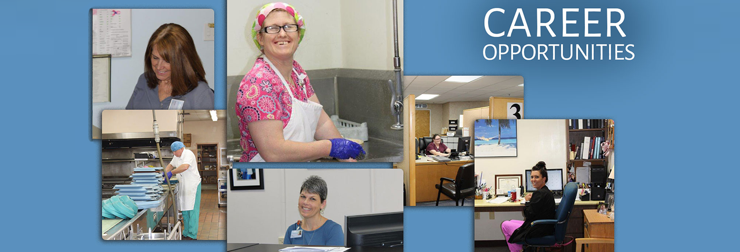 Banner picture of smiling female staff members fulfilling various tasks, Banner says:
CAREER OPPORTUNITIES