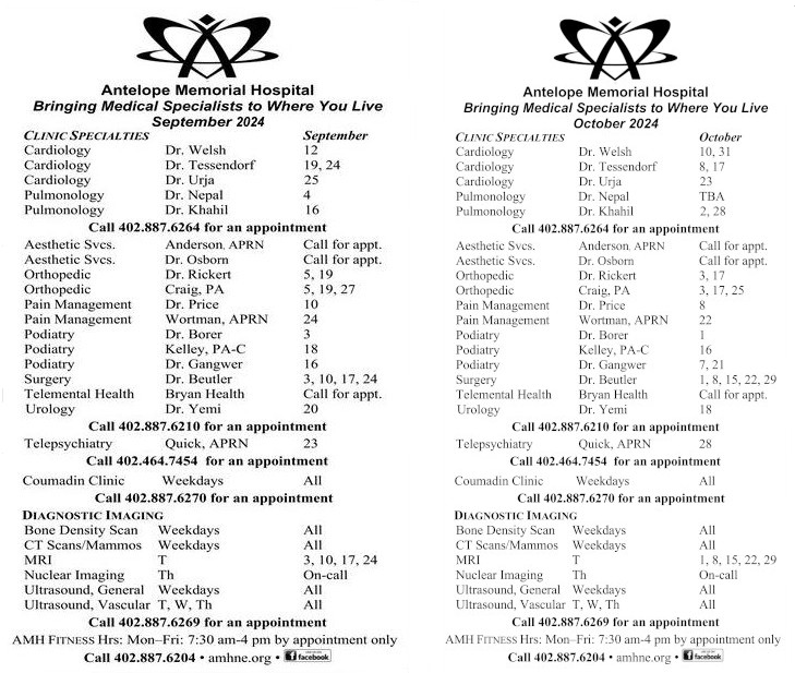Schedule for September - October - Antelope Memorial Hospital                                            
Bringing Medical Specialist to Where You Live
