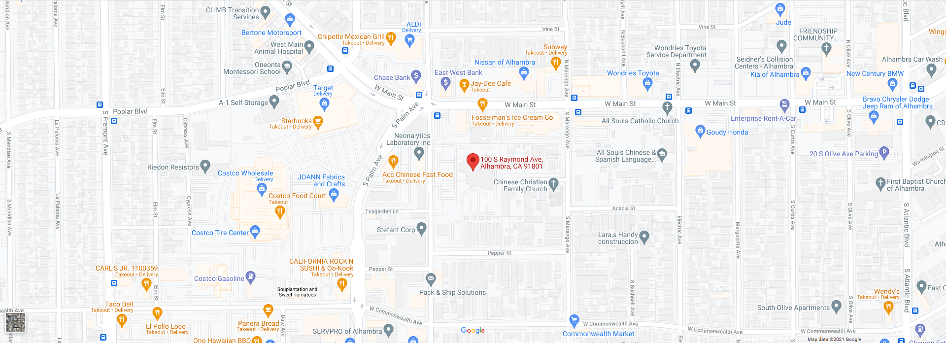Banner picture of google map showing the drop pin location for Alhambra Hospital Medical Center.

100 S. Raymond Ave,
Alhambra, CA 91801