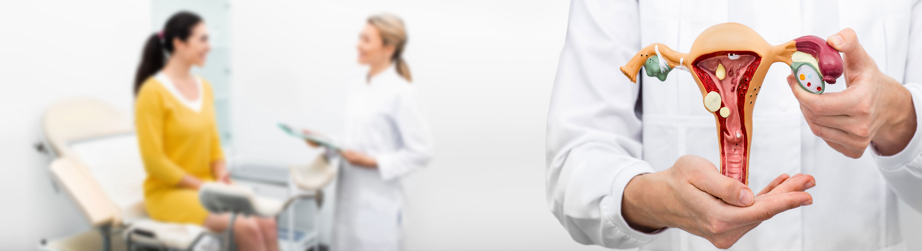 Banner picture of a female patient sitting up on an examination table and talking to a female OBGYN who is holding a clipboard in her hand smiling