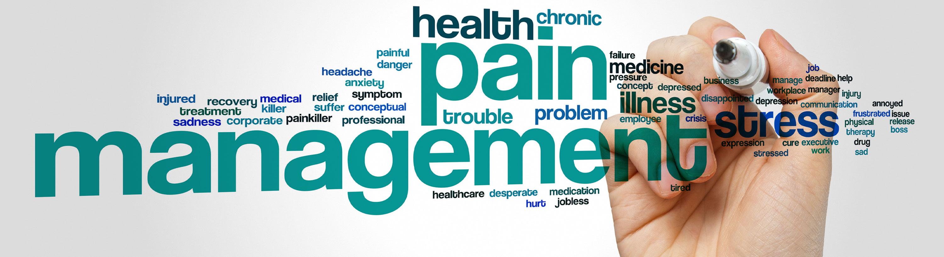 Banner background picture of a hand holding a marker pointed towards the camera. It says "Pain Management" in big text and has small text words that define Pain Management.