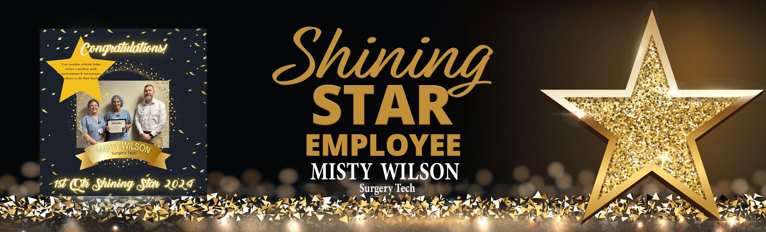 Banner picture of a large sparkly star and a picture of Beth Clements smiling and holding up her Shining Star Employee Award om paper.. Banner says:

Shining STAR EMPLOYEE Beth Clements