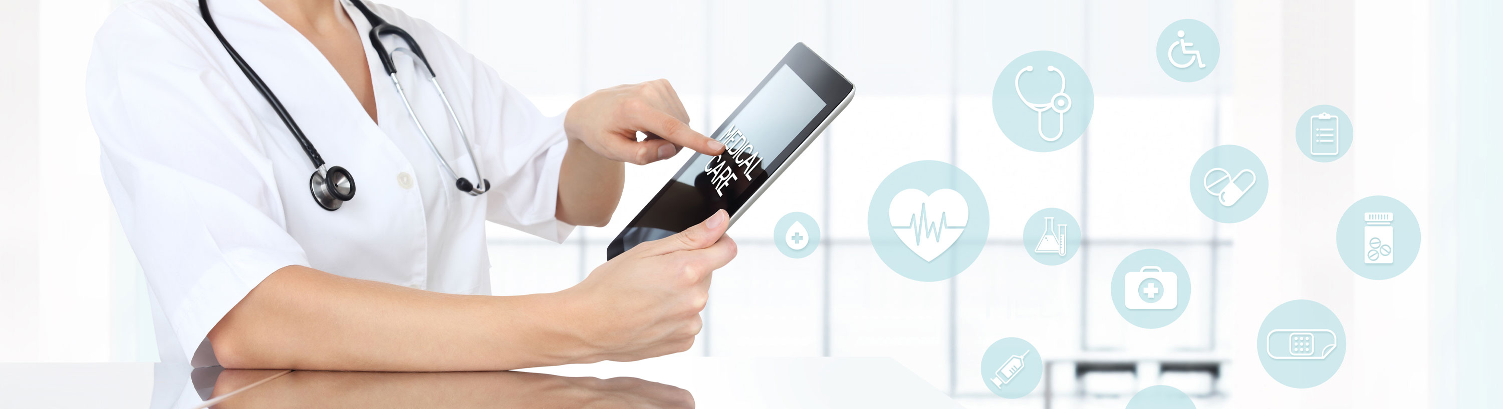 Banner picture of a female physician holding a tablet that says "MEDICAL CARE" on the screen. She has a stethoscope around her neck. 
There is circle icons with medical images in each circle.