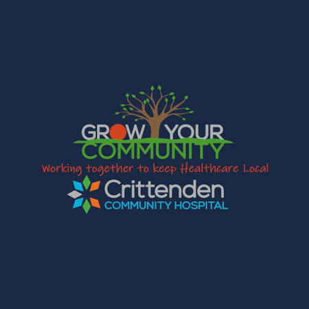 Banner Graphic of a tree centered in the middle of words that say: GROW YOUR COMMUNITY. Banner says:
Working together to keep Healthcare Local 
Crittenden Community Hospital