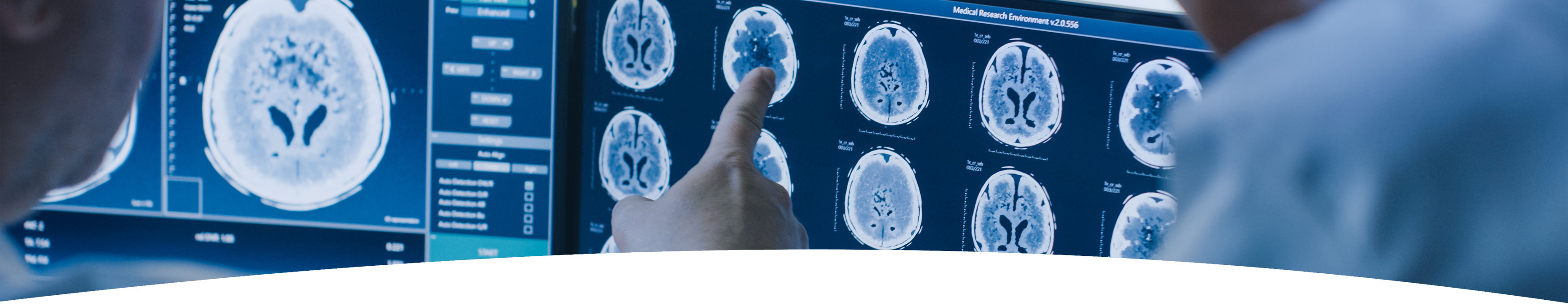 Banner picture of a man pointing at an MRI image of the brain.