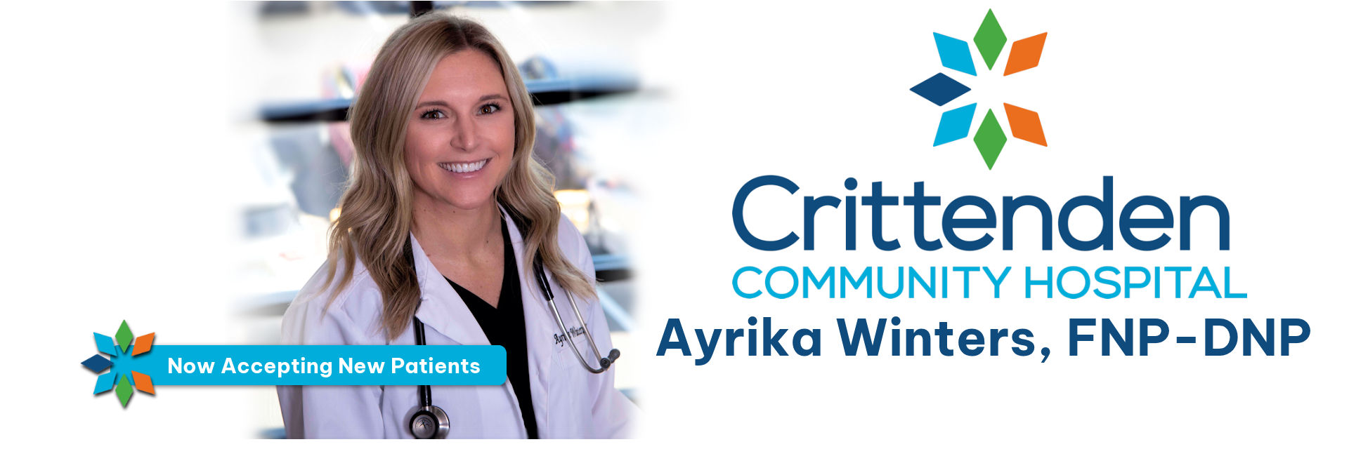 Banner picture of a Ayrika Winters, FNP-DNP
Family Nurse Practitioner 


Banner says:
Meet our New Nurse Practitioner