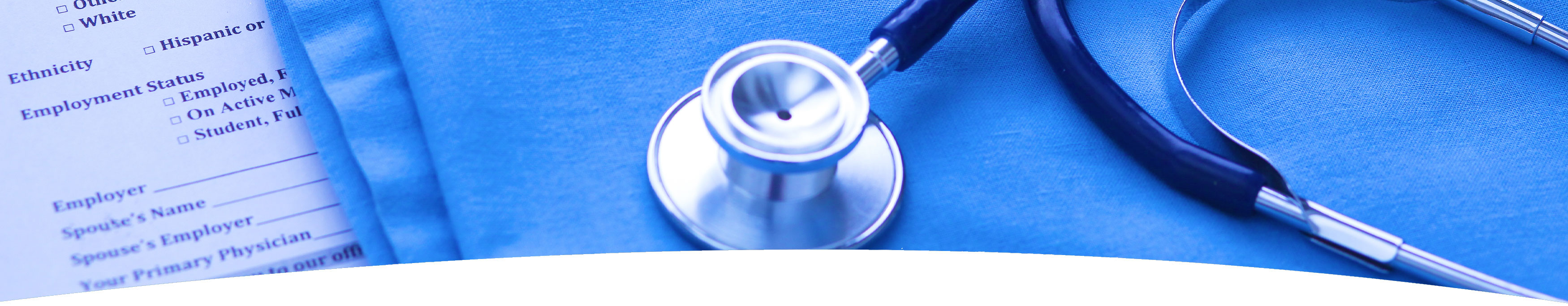 Banner picture of a stethoscope sitting on top of cloth and there is half of patient forms sticking out from underneath the cloth.