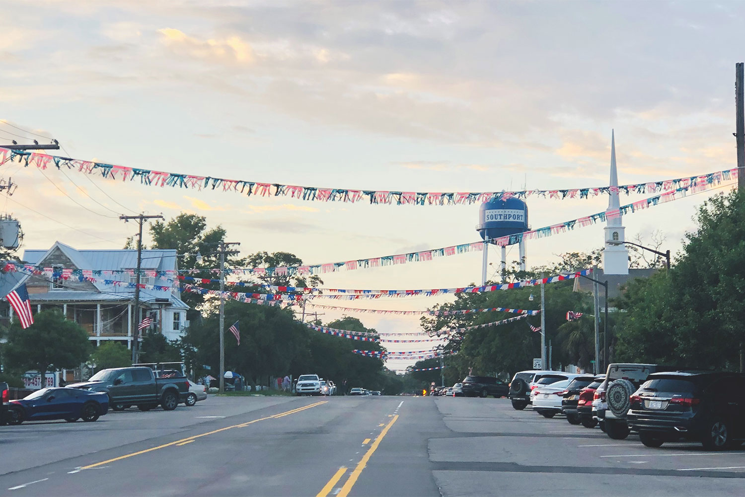 Southport, NC town decorated for the fourth of july.
