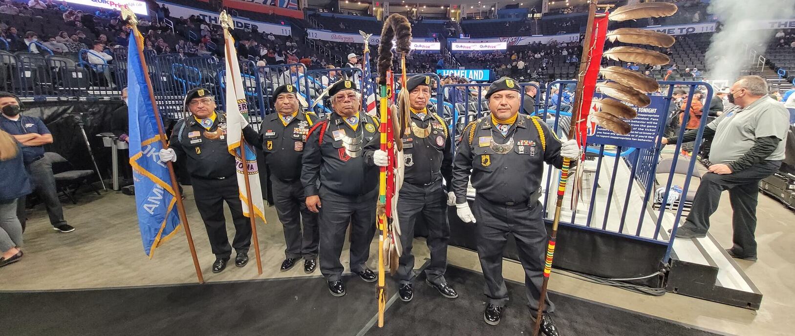 Banner picture of -SNO Honor Guard presenting at OKC Thunder Game in uniform.