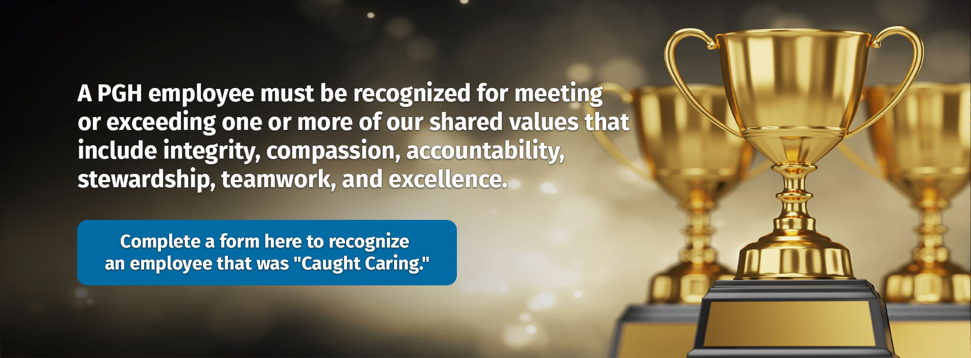 Banner picture of three trophies. Banner says:

A PGH employee must be recognized for meeting or exceeding one or more of our shared values that include integrity, compassion, accountability,stewardship, teamwork, and excellence.

Complete a form here to recognize an employee that was "Caught Caring".
