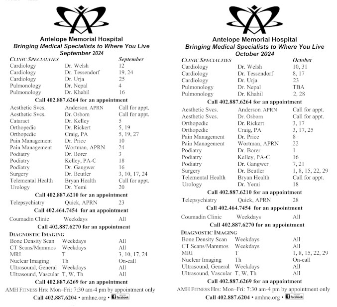 Schedule for June - July - Antelope Memorial Hospital                                            
Bringing Medical Specialist to Where You Live
