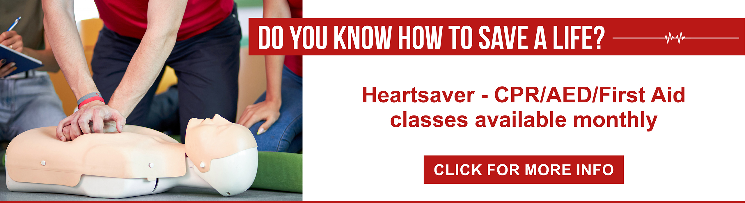 Photo of someone practicing CPR on a dummy
text reads Heartsaver- CPR-AED-First Aid
Classes Available
Next class will be held 8am-4pm 
October 31, 2022

For more information or to sign up for a class, contact Krystyna at 208-983-8561

If you are not able to attend a scheduled class you can take the online course from AHA and have any instructor do the hands on skills check, which takes about 30 minutes.

Do you know how to save a life?