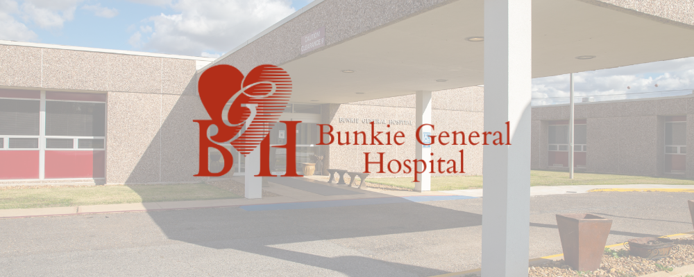 front of hospital faded with superimposed horizontal logo