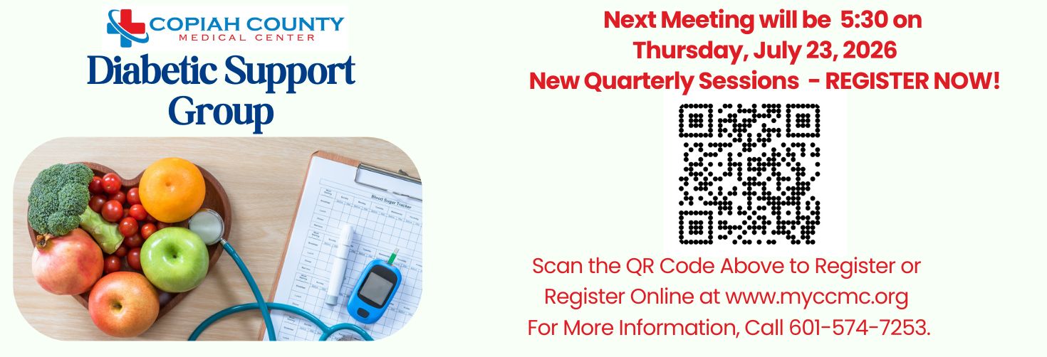 Diabetes and Me Classes will be next meeting 5:30pm on Thursday, July 23, 2026. Scan QR code here or call to register at 6015747253