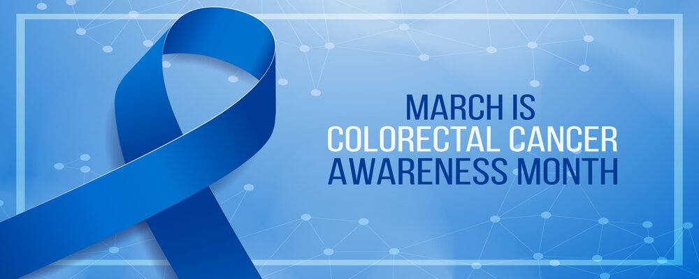 blue background with large blue ribbon national colorectal cancer awareness month