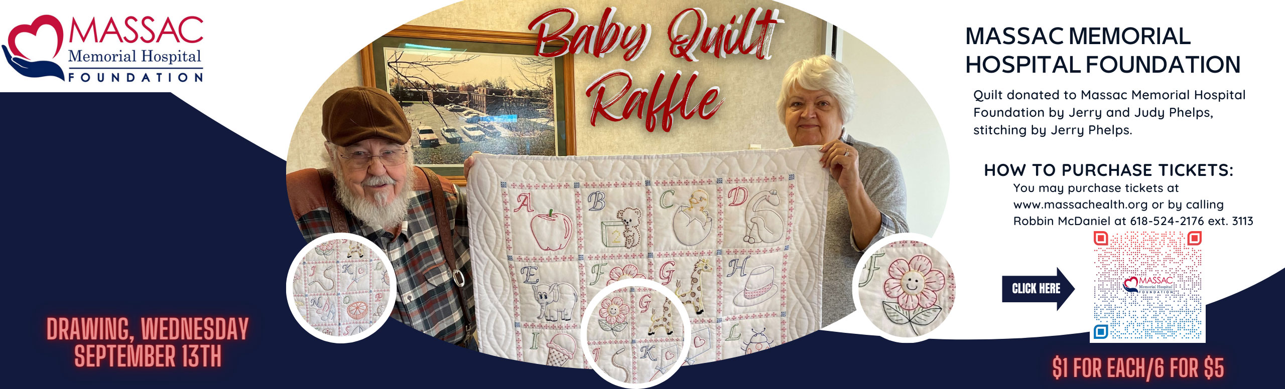Baby quilt raffle picture of quilt and Jerry and Judy phelps