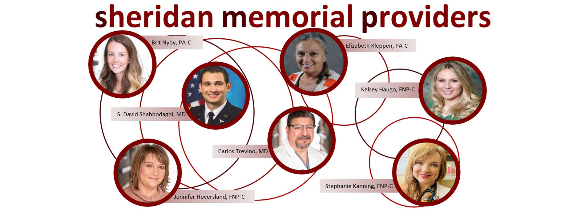 Sheridan Memorial Providers.
Provider photos in circles with names and credentials. 
Brit Nyby, PA-C, Elizabeth Kleppen, PA-C, S.David Shahbodaghi, MD, Carlos Trevino, MD, Kelsey Haugo, FNP-C, Jennifer Hoversland, FNP-C, Stephanie Kanning, FNP-C.