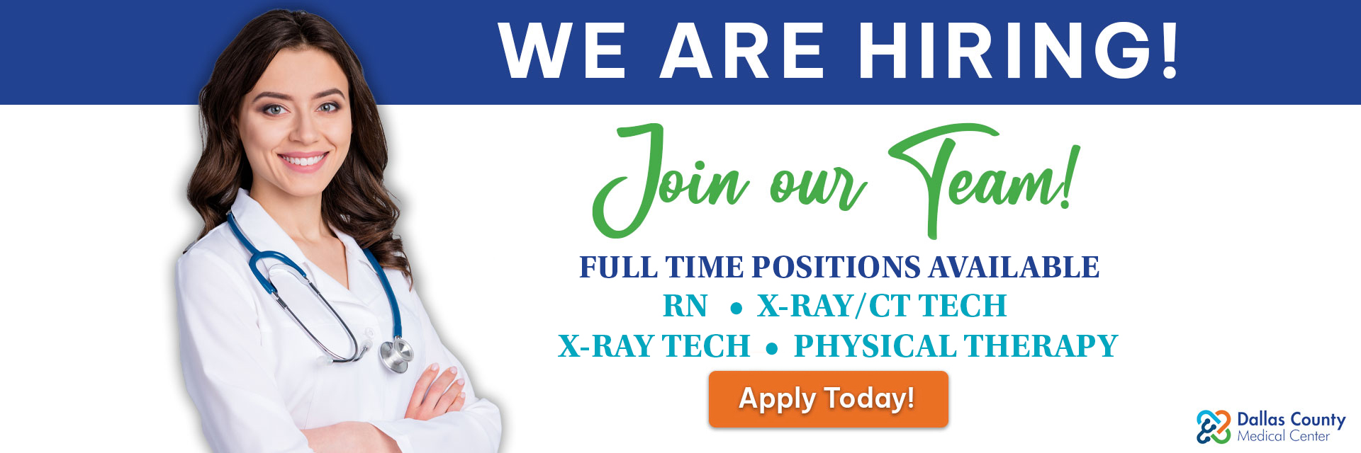 WE ARE HIRING!

Join Our Team!
LPN . Medical Records/HIM . Receptionist X-Ray Tech . X-Ray/CT