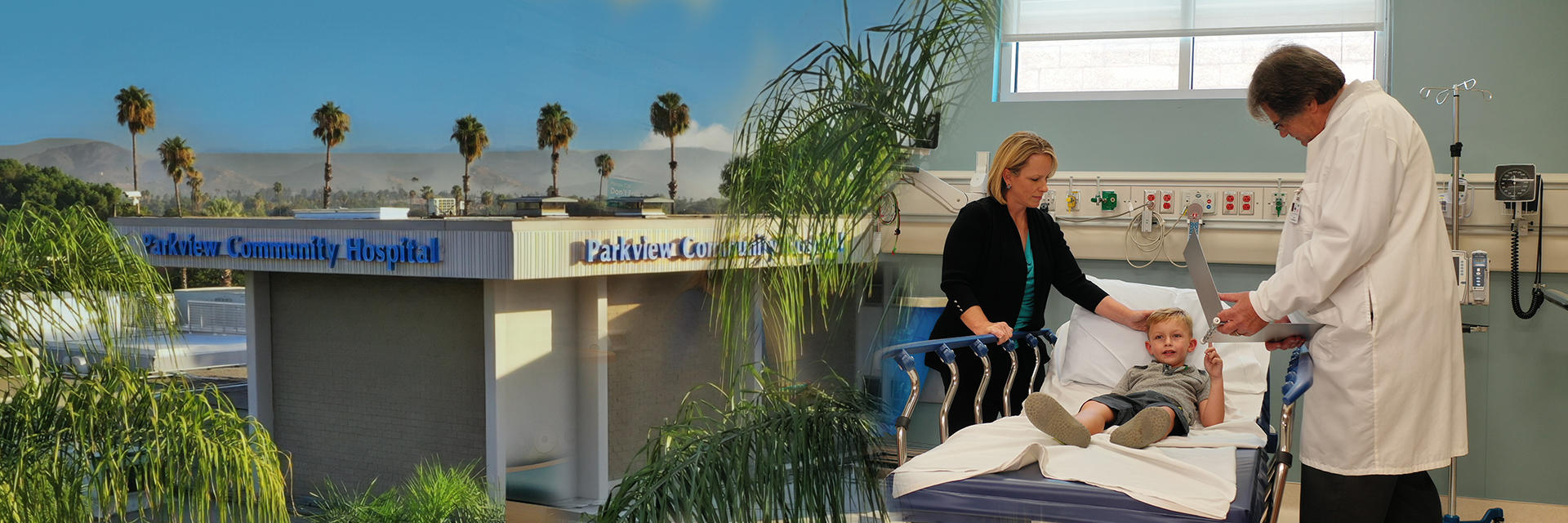 Image of hospital front combined with image of doctor consulting with mother and young child.