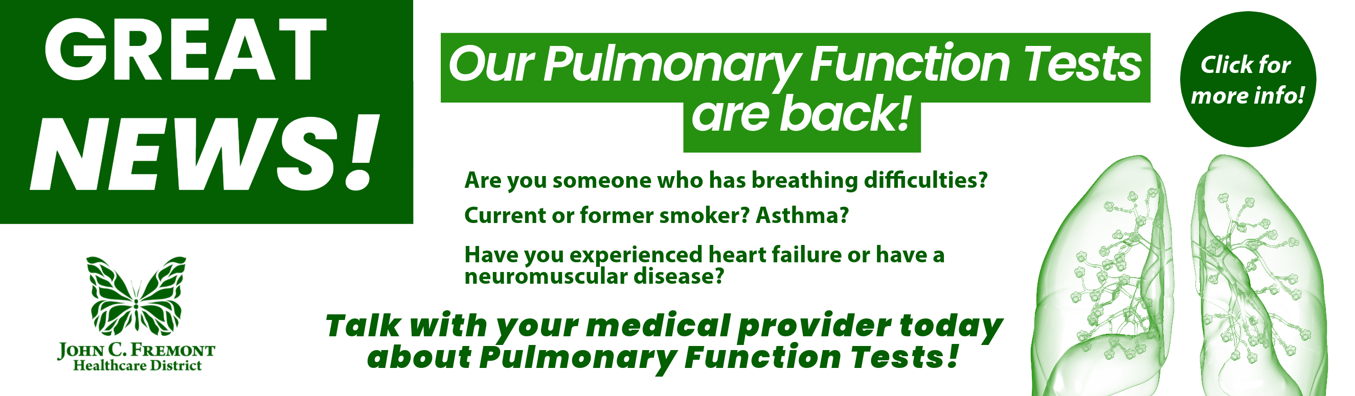 GREAT NEWS! Our Pulmonary Function Tests are back! Talk to your medical provider today to find out if this is something for you. Click here for video demonstration of a PFT.
