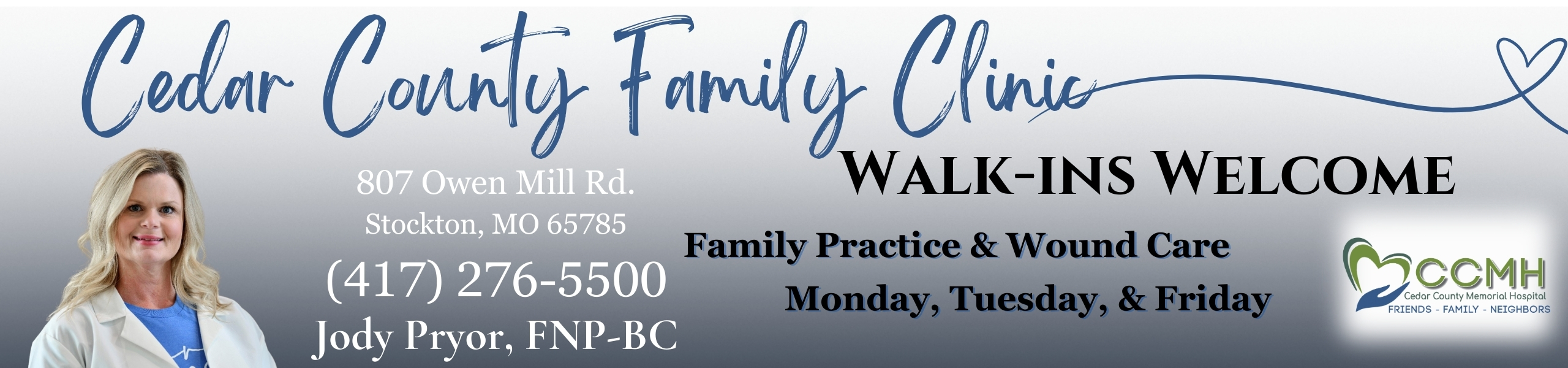 Jody Pryor, FNP-BC Monday, Tuesday, and Friday 

Walk-ins available