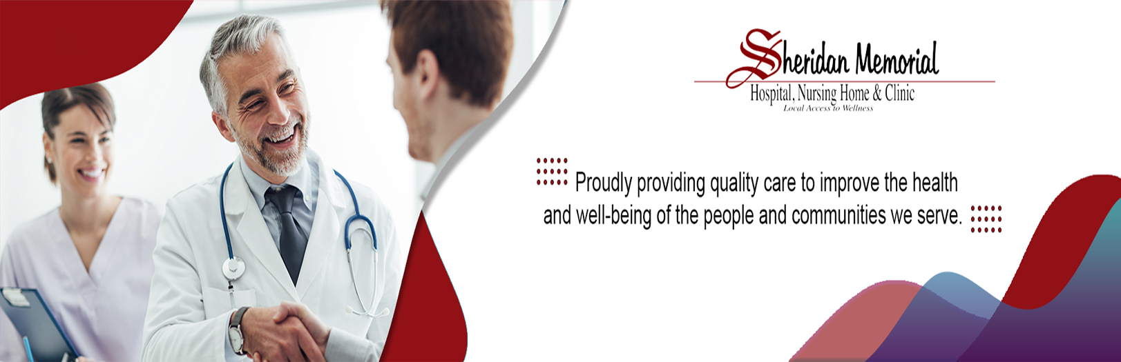 Sheridan Memorial Hospital banner with doctor, patient, and slogan