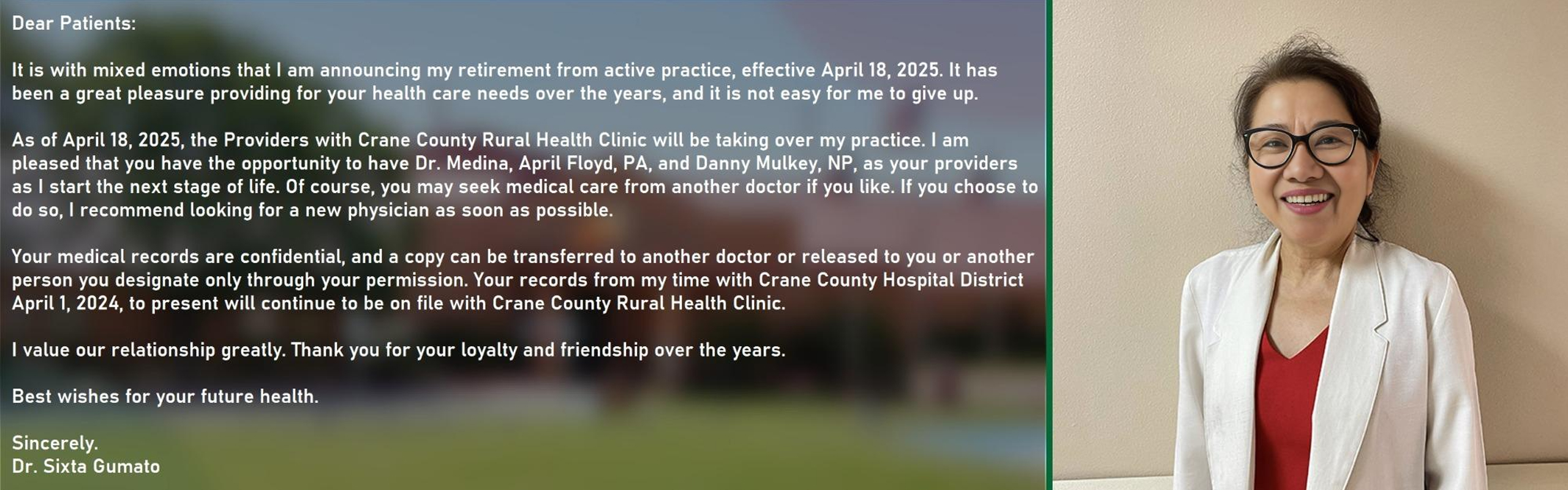 Dr. Gumato retirement letter to patients. Effective April 18, 2025.