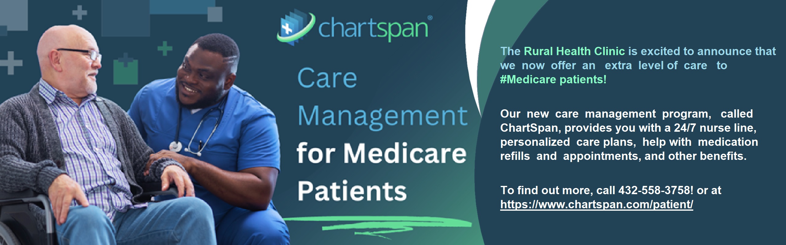 The Rural Health Clinic is excited to announce that we now offer an extra level of care to #Medicare patients! Our new care management program, called ChartSpan, provides you with a 24/7 nurse line, personalized care plans, help with medication refills and appointments, and other benefits. To find out more, call 432-558-3758! Or at https://www.chartspan.com/patient/
