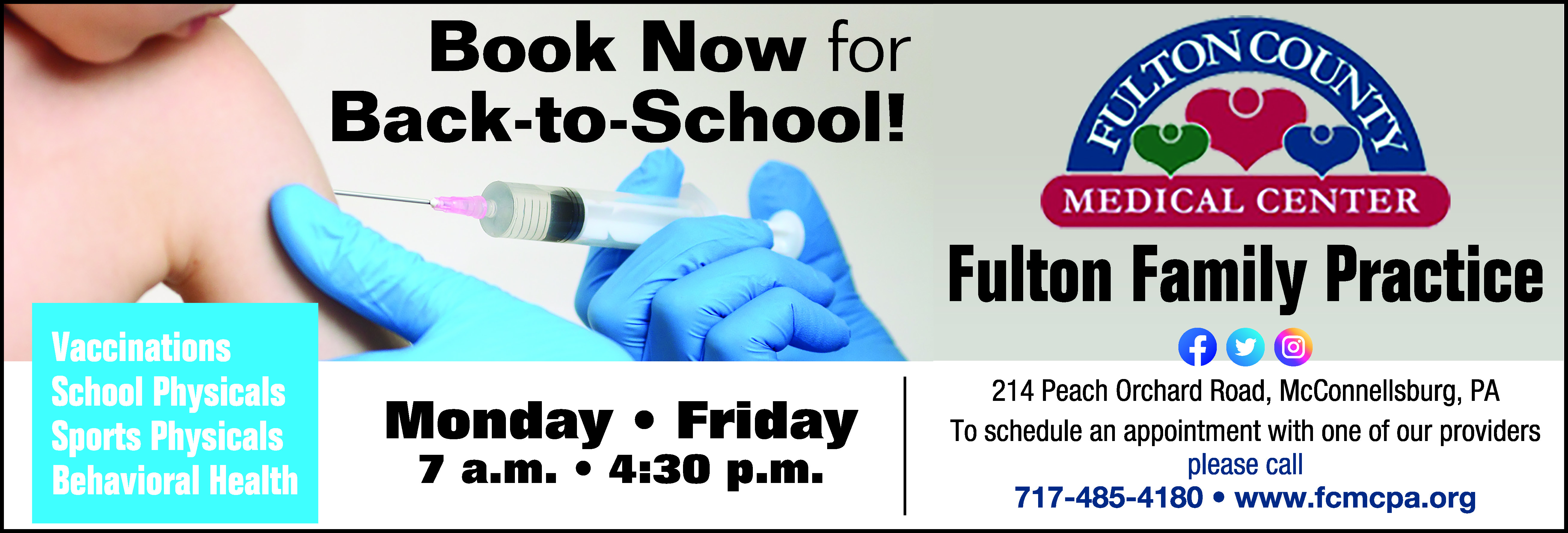Book now for back to school. Monday - Friday 7:00 a.m. to 4:30 p.m. Call to schedule an appointment with one of our providers 717-485-4180.
