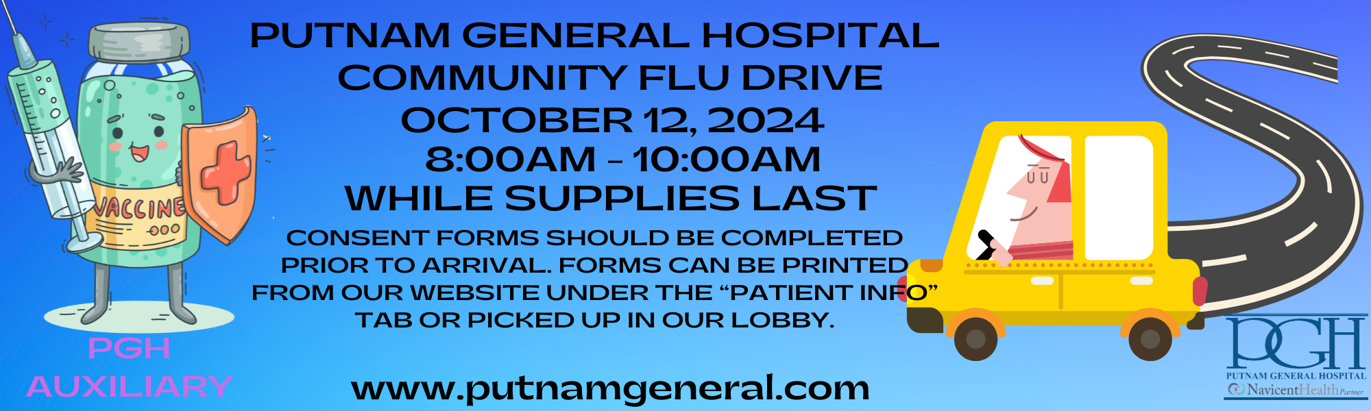 Vaccine with a car in a drive thru line to get their flu shot. flu drive will be held October 12, 2024 from 8am until 10 am.