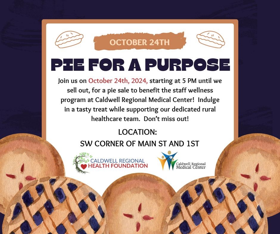 Pie for a Purpose Fundraiser October 24th 2024 starting at 5pm.  Location SW Corner of main st. and 1st