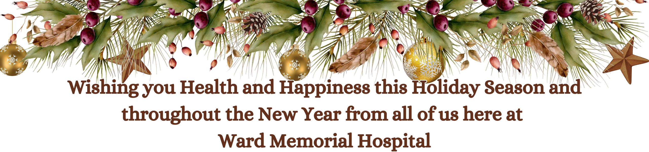 wishing you health and happiness this Holiday season with pine and berries and ornaments