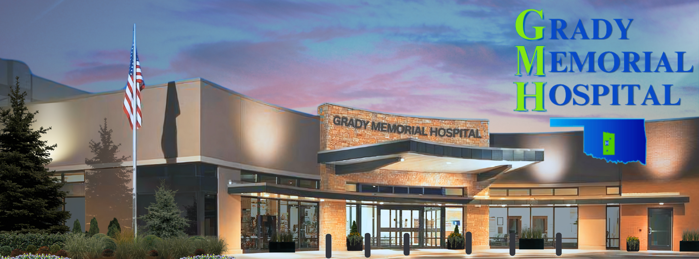 Sunset sky over Grady memorial front entrance graphic with landscaping and lights